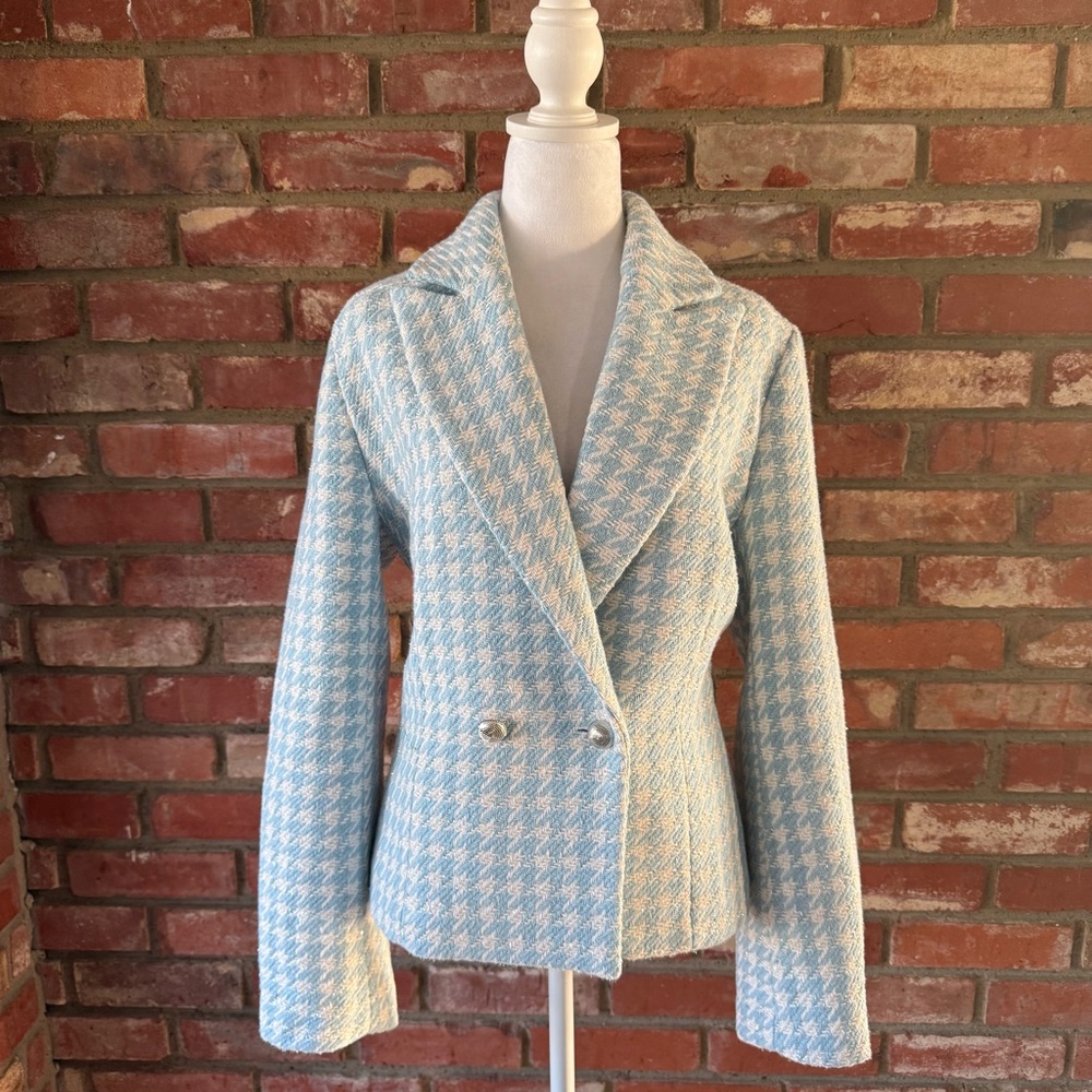 Boston Proper Light Blue Houndstooth Metallic Blazer